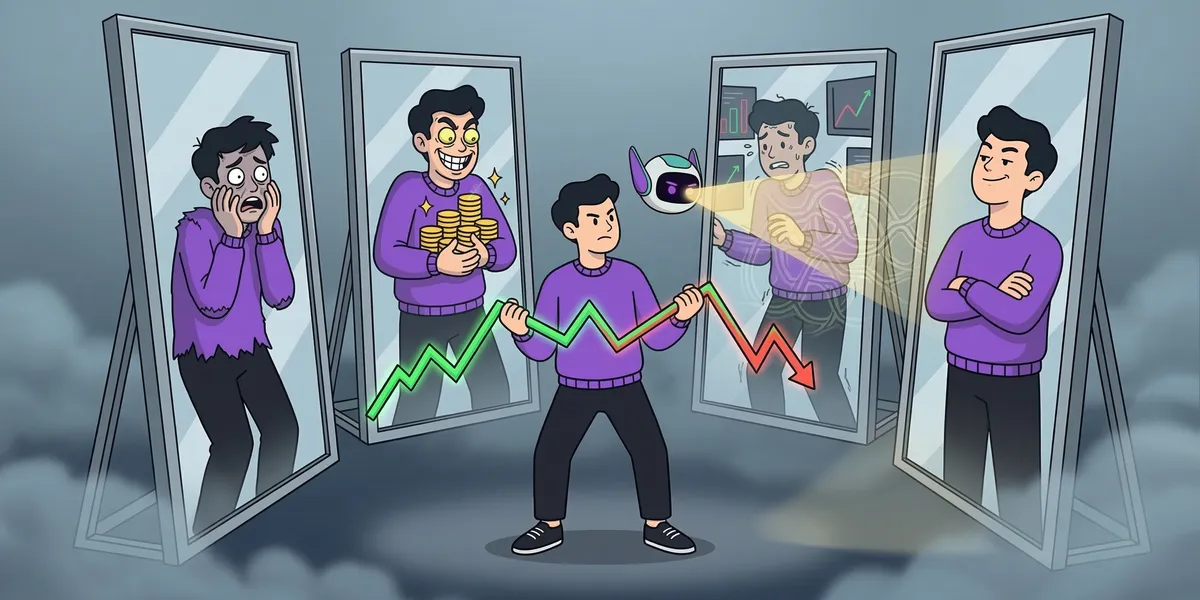 An animated character struggling with trading emotions, standing between mirrors showing different expressions related t