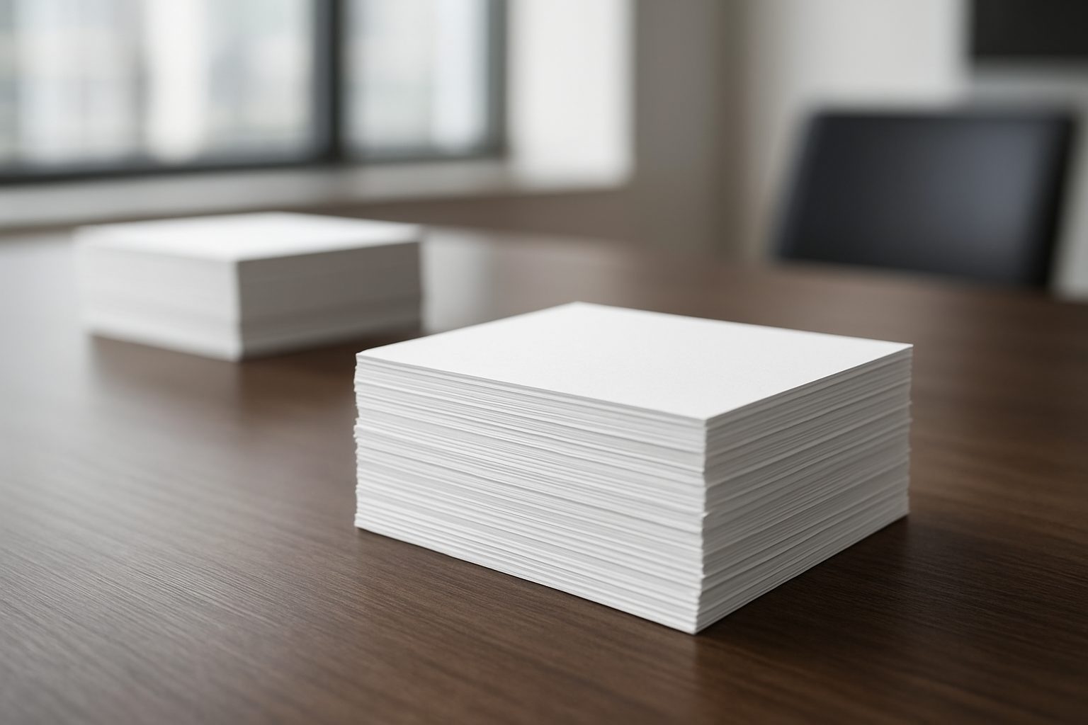 Close-up of stacks of blank paper on a wooden table