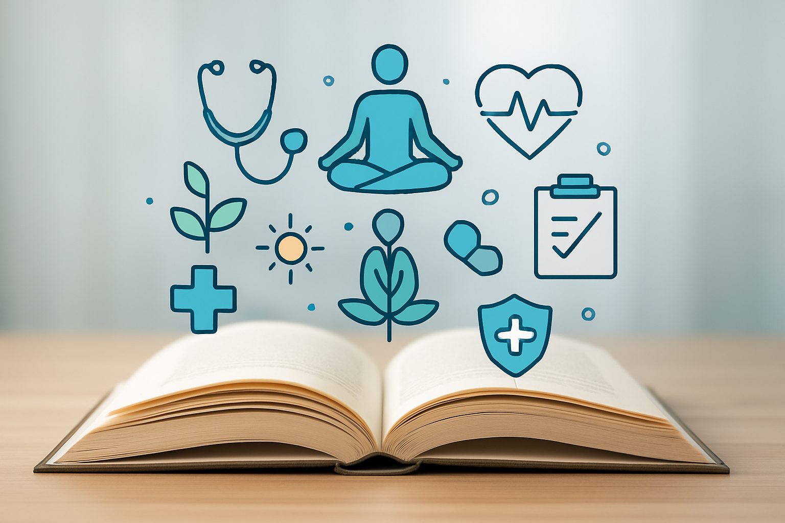 An open book with health and wellness icons floating above it, including a stethoscope, a heart rate line, and a meditat